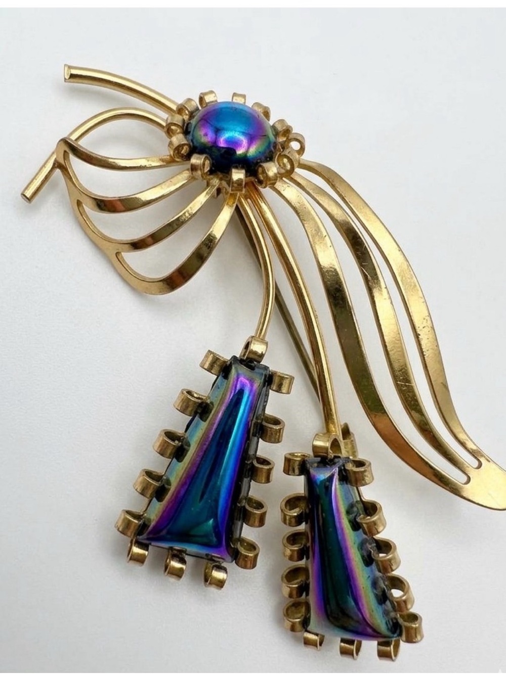 Vintage Gold Ribbon Iridescent Blue Green Foil Glass Cabochon Brooch
